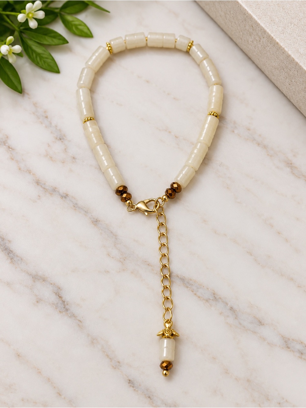 Cream Beaded Bracelet with Gold Accents